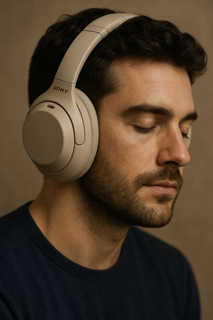 Professional studio portrait of Sony WH-1000XM4 wireless noise‑cancelling headphones in light beige, softly lit to highlight the cushioned ear cups and sleek headband design