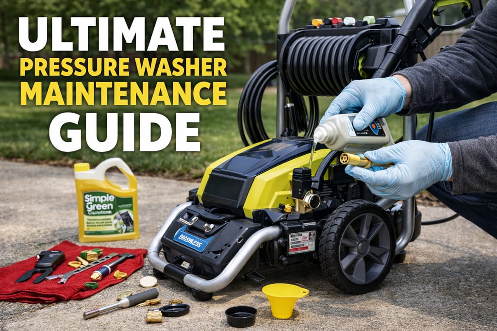Ultra-realistic photo of a person performing pressure washer maintenance—adding pump oil and checking fittings—while tools, nozzles, hose, and detergent sit nearby on a driveway, styled as a maintenance guide cover.