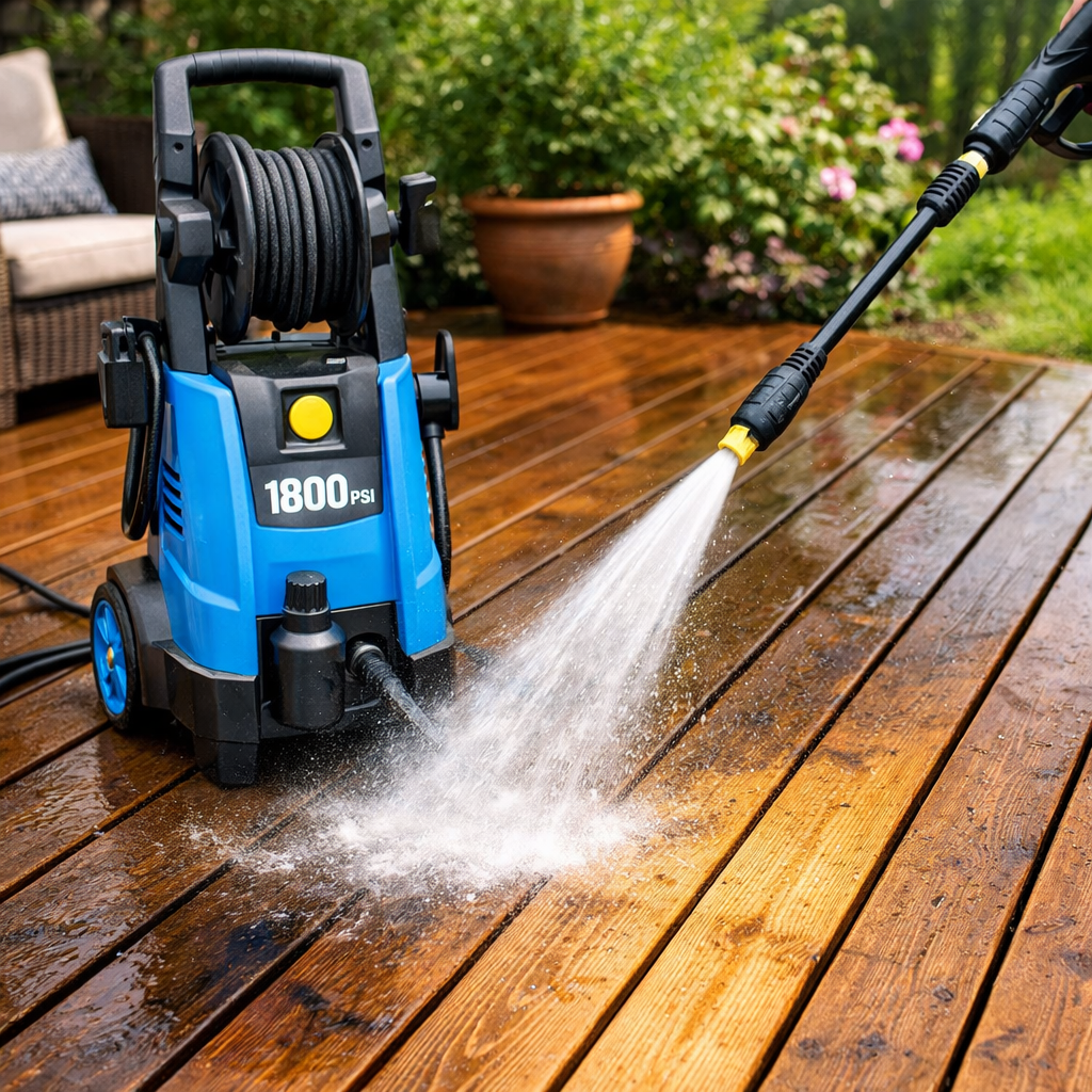 Ultra-realistic electric pressure washer spraying high-pressure water across a wet wooden deck; the compact unit shows an 1800 PSI label with hose reel attached, while the spray wand cleans the boards and pushes away dirt and residue.