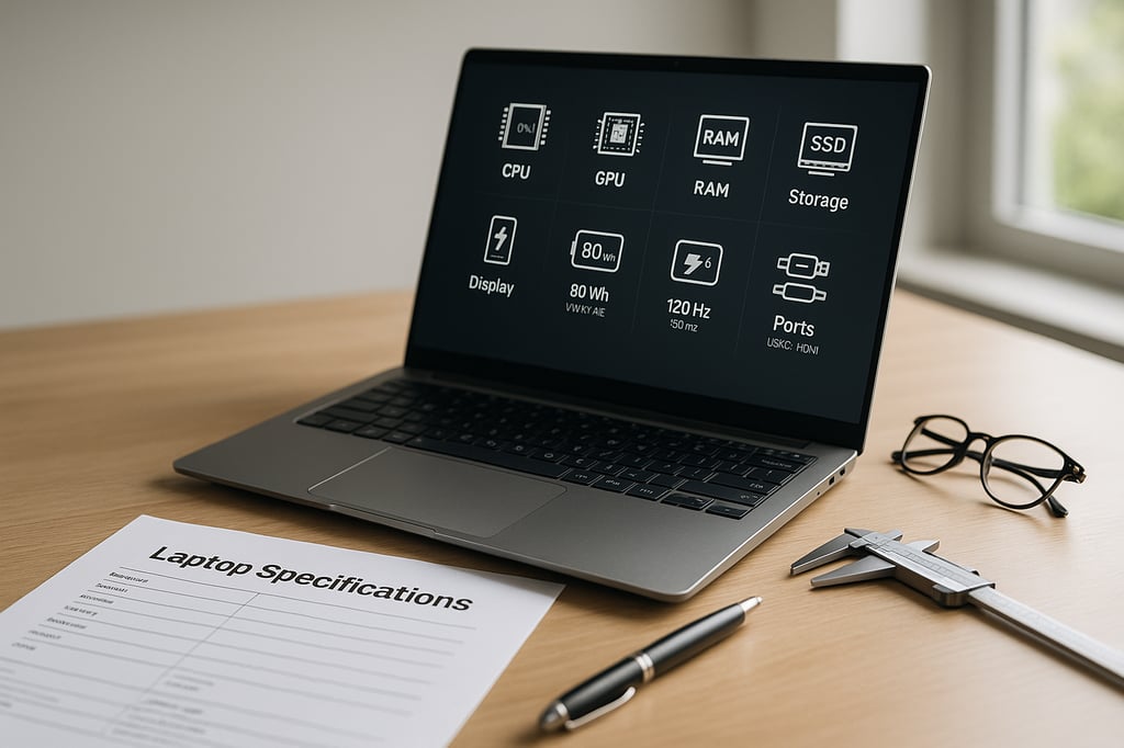 High-resolution photo of a silver laptop on a wooden desk showing icons for CPU, GPU, RAM, SSD, display, 80Wh battery, 120Hz refresh rate, and ports. A 'Laptop Specifications' checklist, digital calipers, pen, and eyeglasses sit nearby, all lit by soft window light.