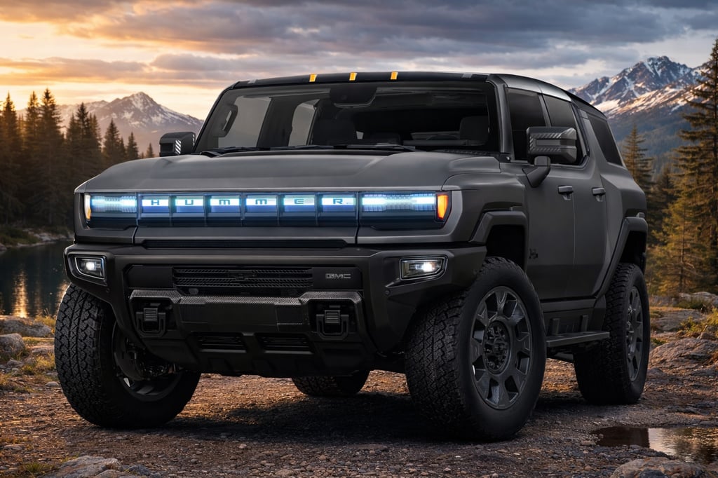 GMC HUMMER EV SUV 3X in matte black parked on a rugged mountain trail at sunset, featuring the illuminated HUMMER LED front light bar, aggressive off-road tires, and an alpine lake with snowy peaks in the background.