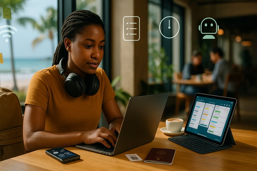 Ultra-realistic lifestyle image for 'Ultimate Productivity Hacks for Digital Nomads (2025 Guide)': a young Black woman works on a laptop in a sunlit beachside café with headphones around her neck, a phone and passport on the table, a tablet showing a Kanban board, and a coffee cup nearby; subtle icons for Wi-Fi, checklist, time, and AI overlay the glass window.