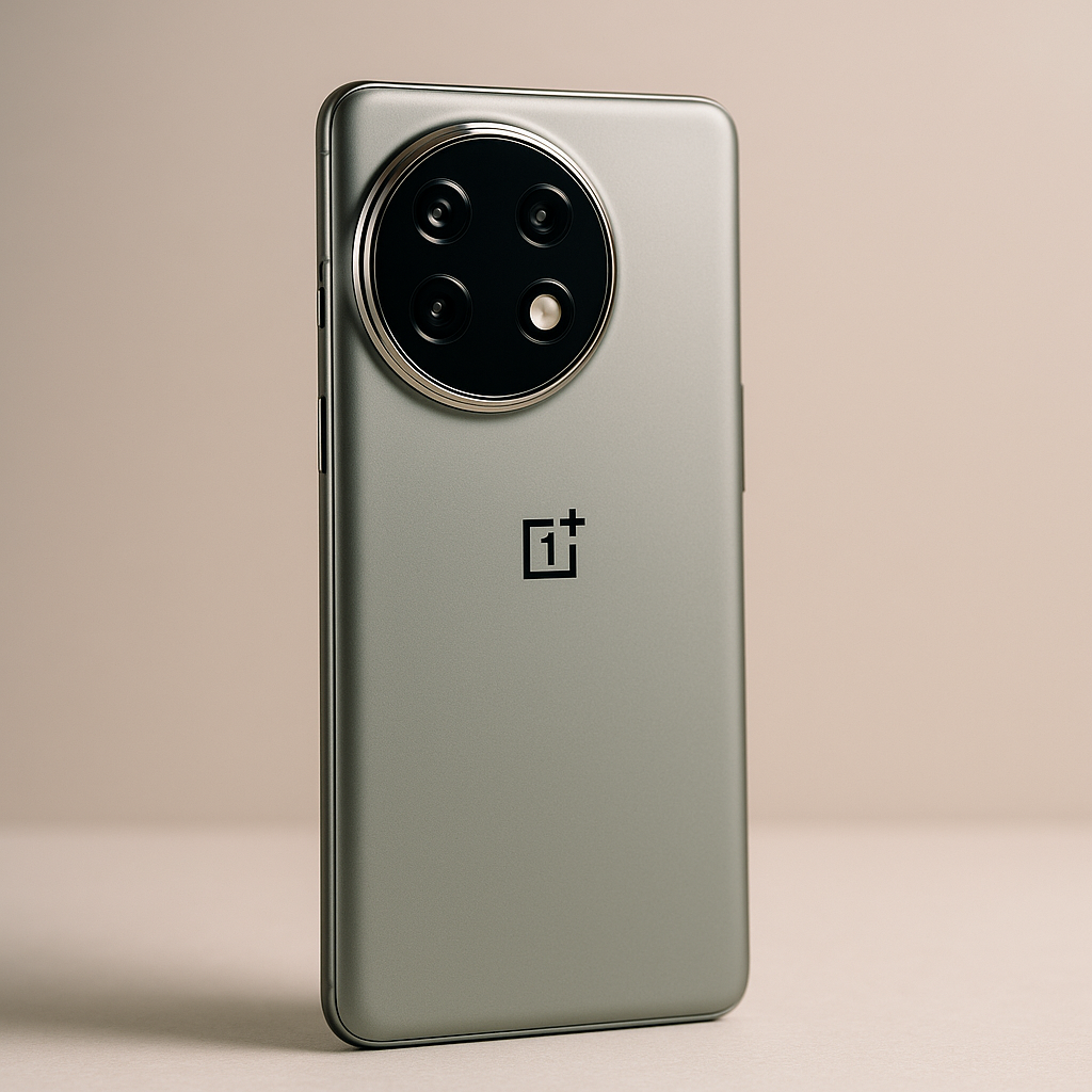Ultra-realistic professional photo of the OnePlus 13 smartphone in a silver-green finish, captured with soft lighting against a neutral background, highlighting its sleek frosted glass back and circular triple-camera module.