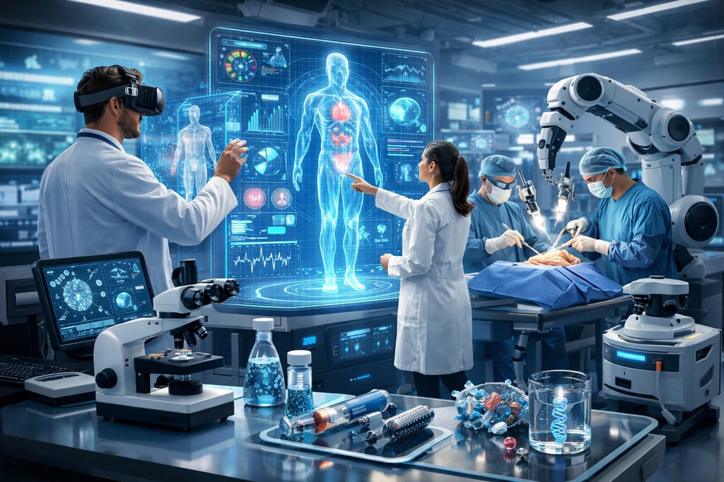 Futuristic hospital lab scene where clinicians use augmented reality and data dashboards, a surgical team operates with robotic assistance, and advanced medical devices and bio-samples sit on a workstation.
