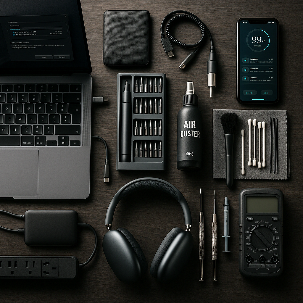 Flat-lay of essential tech maintenance tools on a dark wooden desk: laptop, precision screwdriver kit, air duster, microfiber cloth with brush and cotton swabs, cables and charger, over-ear headphones, thermal-paste syringe, and a digital multimeter.