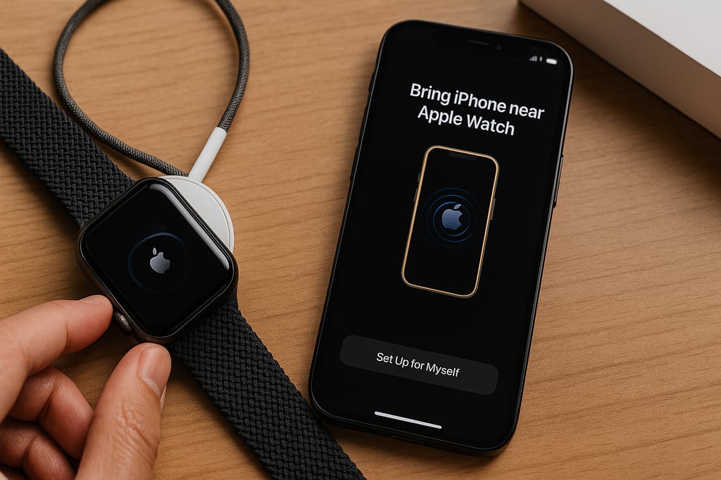 Ultra-realistic photo of an Apple Watch being paired with an iPhone in the Watch app, showing the setup screen on a clean desk—ideal hero image for an Apple Watch Setup Guide.