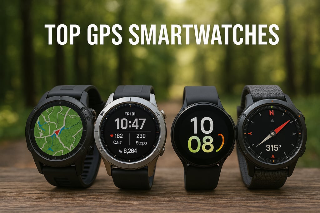 Ultra-realistic lineup of four top GPS smartwatches on a wooden surface with a blurred forest background, showing map, fitness, and compass screens under the heading “Top GPS Smartwatches.”