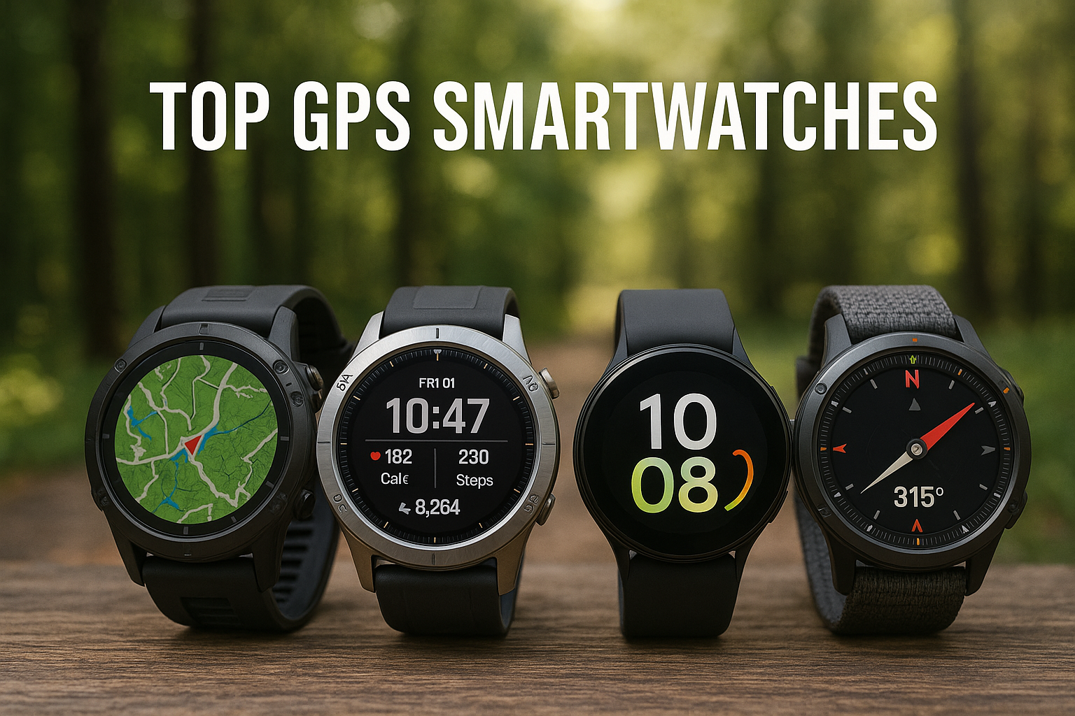 Ultra-realistic lineup of four top GPS smartwatches on a wooden surface with a blurred forest background, showing map, fitness, and compass screens under the heading “Top GPS Smartwatches.”
