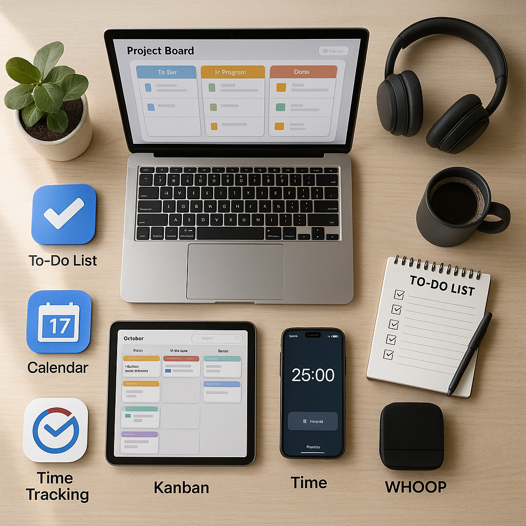 Ultra-realistic workspace for choosing the right productivity tools: laptop showing a Kanban board, tablet calendar, smartphone Pomodoro timer, to-do notebook, time-tracking and checklist icons, headphones, plant, and coffee cup arranged on a light wooden desk.