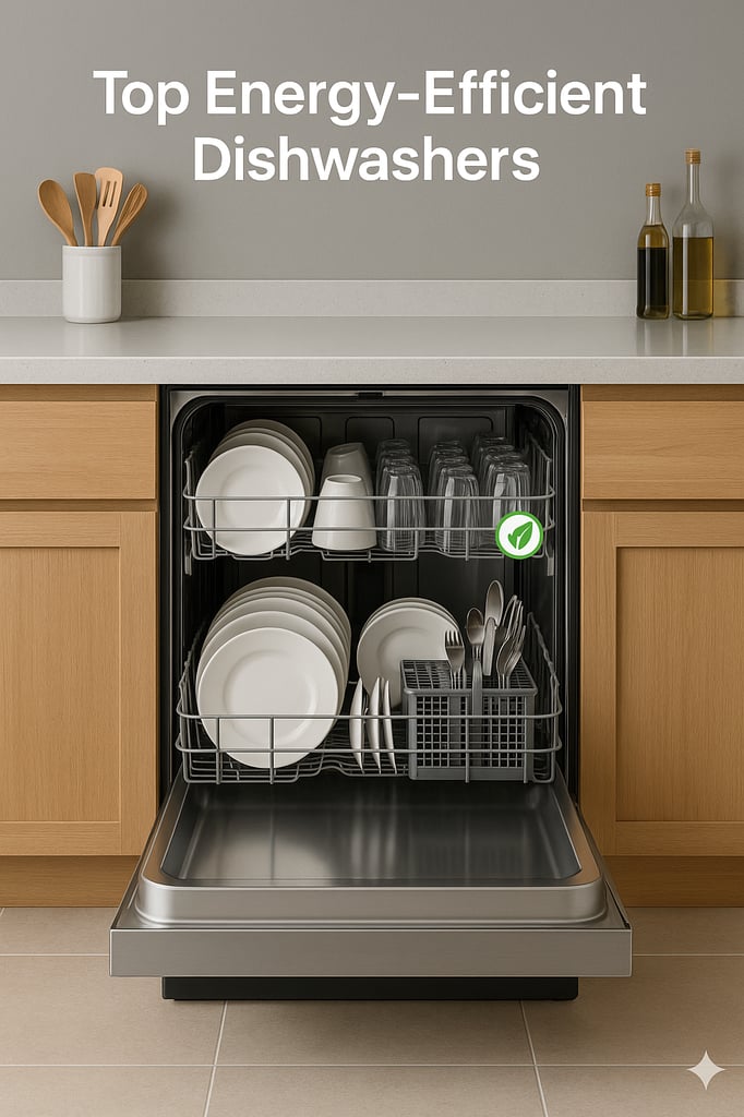 A modern, energy-efficient stainless steel dishwasher built into wooden cabinetry, partially open with neatly arranged clean plates, glasses, and cutlery inside. A green eco-friendly label is visible, highlighting its efficiency.