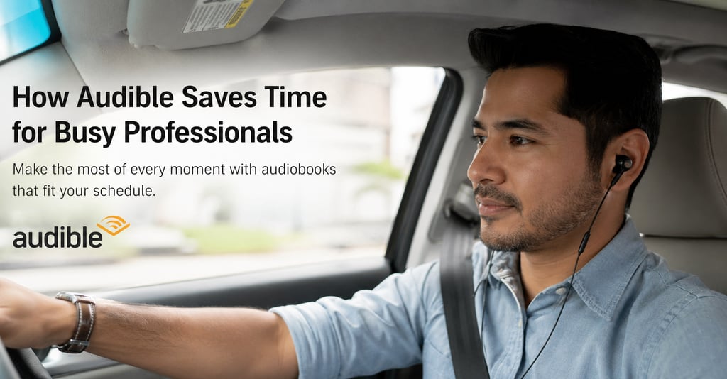 Busy professional listening to Audible audiobooks while driving, showing how Audible saves time during commutes and daily routines