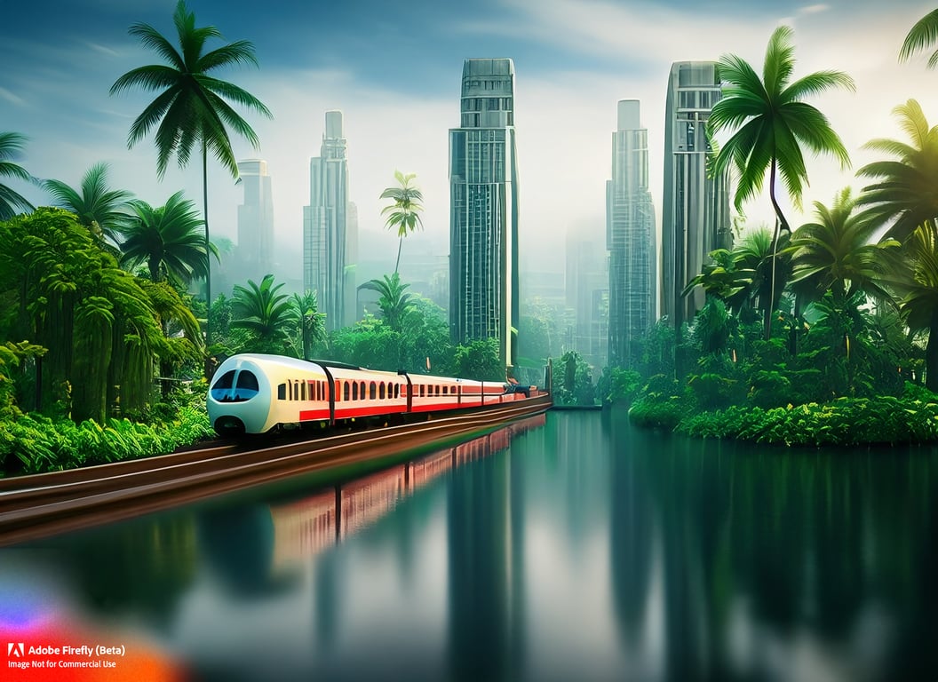 An image of a train over a river with a city in the background.