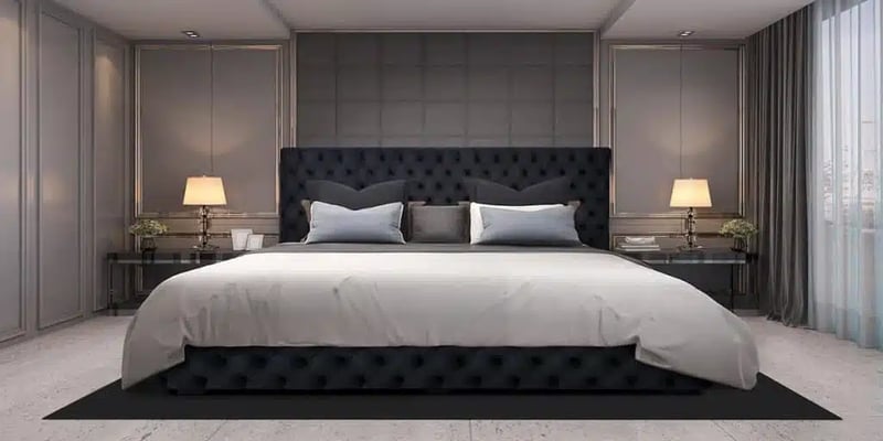 Tufted Black Alaskan King Bed Frame with Mattress and Sheets