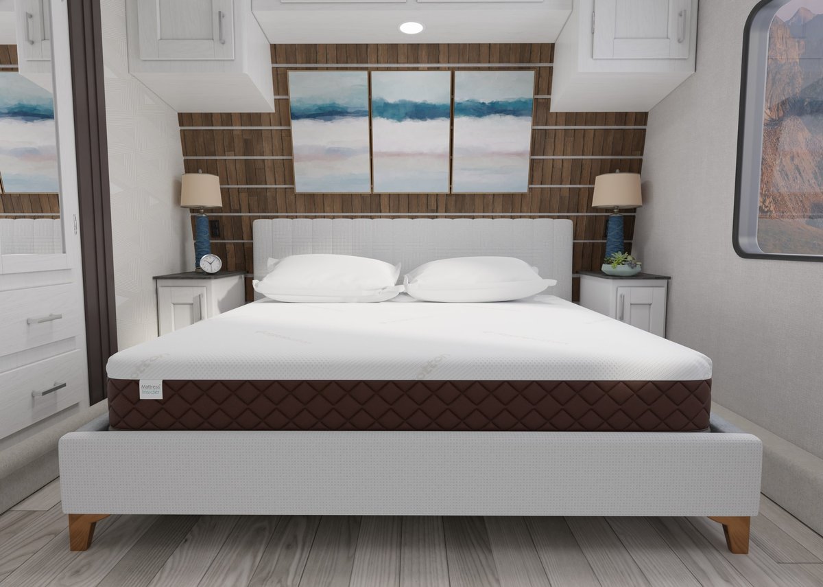 RV Mattress laying on bed platform in RV bedroom