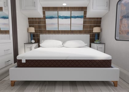 RV Mattress laying on bed platform in RV bedroom