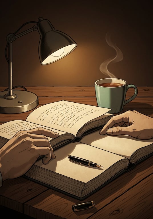 Illustration of a book on a desk for English reading practice