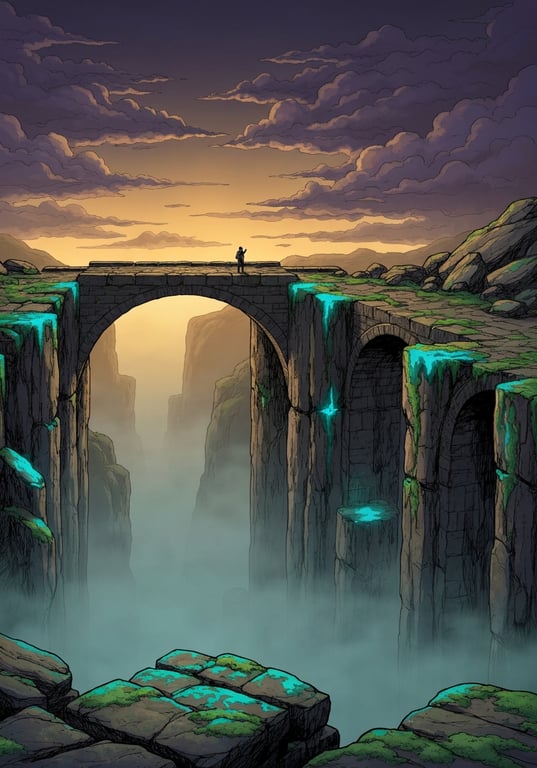 Illustration of a stone bridge in a fantasy landscape