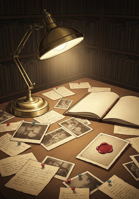 Illustration of a detective's desk with case files
