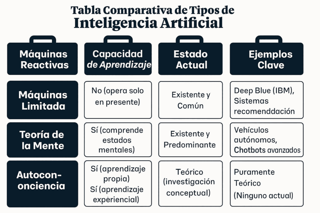 Tabla comparativa tipos inteligencia artificial Hintze capacidades memoria aprendizaje ejemplos Chile