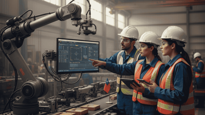 Ingenieros chilenos utilizando sistemas de visión computacional para inspección de calidad automatizada en una planta industrial.