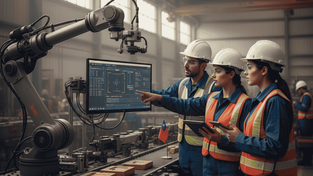 Ingenieros chilenos utilizando sistemas de visión computacional para inspección de calidad automatizada en una planta industrial.