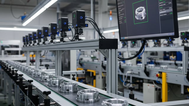 Sistema de visión por computadora industrial con IA inspeccionando productos en línea de producción chilena, mostrando detección automática en tiempo real.