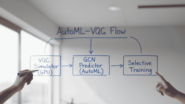 Ingenieros chilenos trabajando en diagrama AutoML-VQC con luz natural.