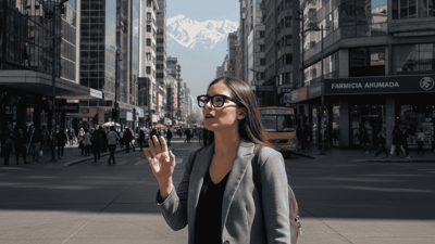 Profesional joven en Santiago usando gafas IA Meta Chile en entorno urbano