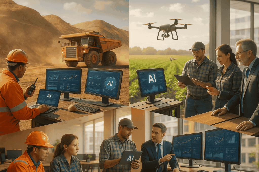 Futuro del trabajo Chile: profesionales capacitándose en IA y colaborando con tecnología avanzada