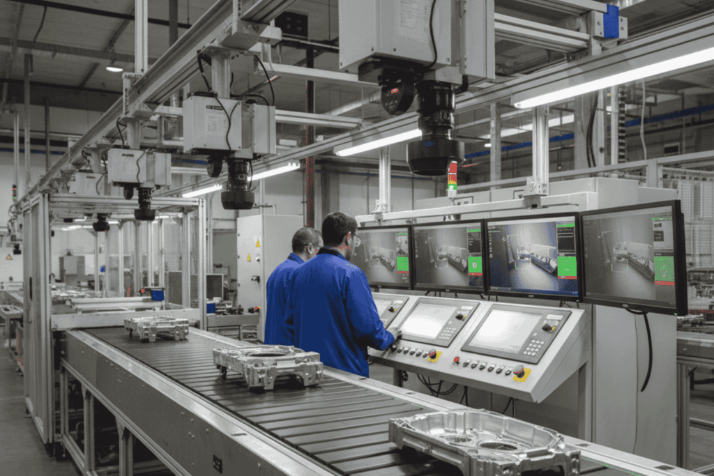 Sistema de visión computacional con IA inspeccionando componentes metálicos en una planta de manufactura chilena, desarrollado por JhedAI.