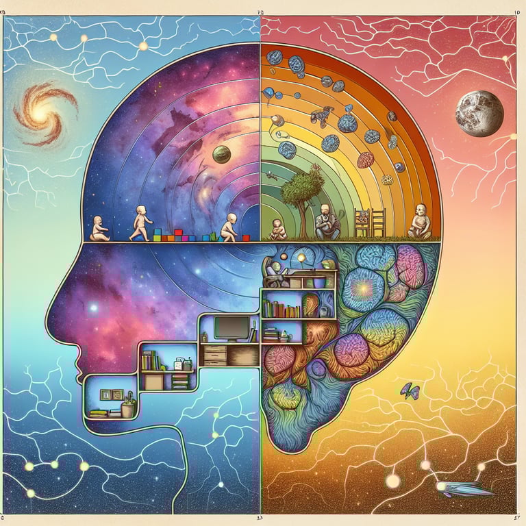 Visual depiction of Freud's defense mechanisms, including repression, denial, displacement, projection, and sublimation, and their role in shaping personality.