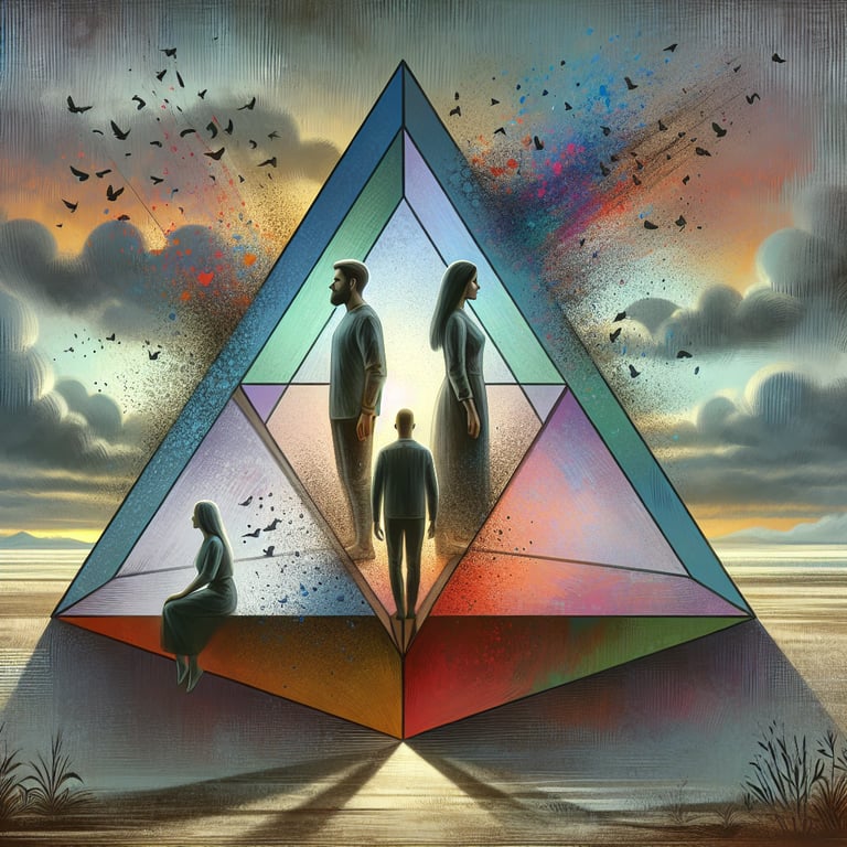 Depiction of social media's role in modern triangulation, highlighting a case involving Taylor Swift, Kim Kardashian, and Kanye West.