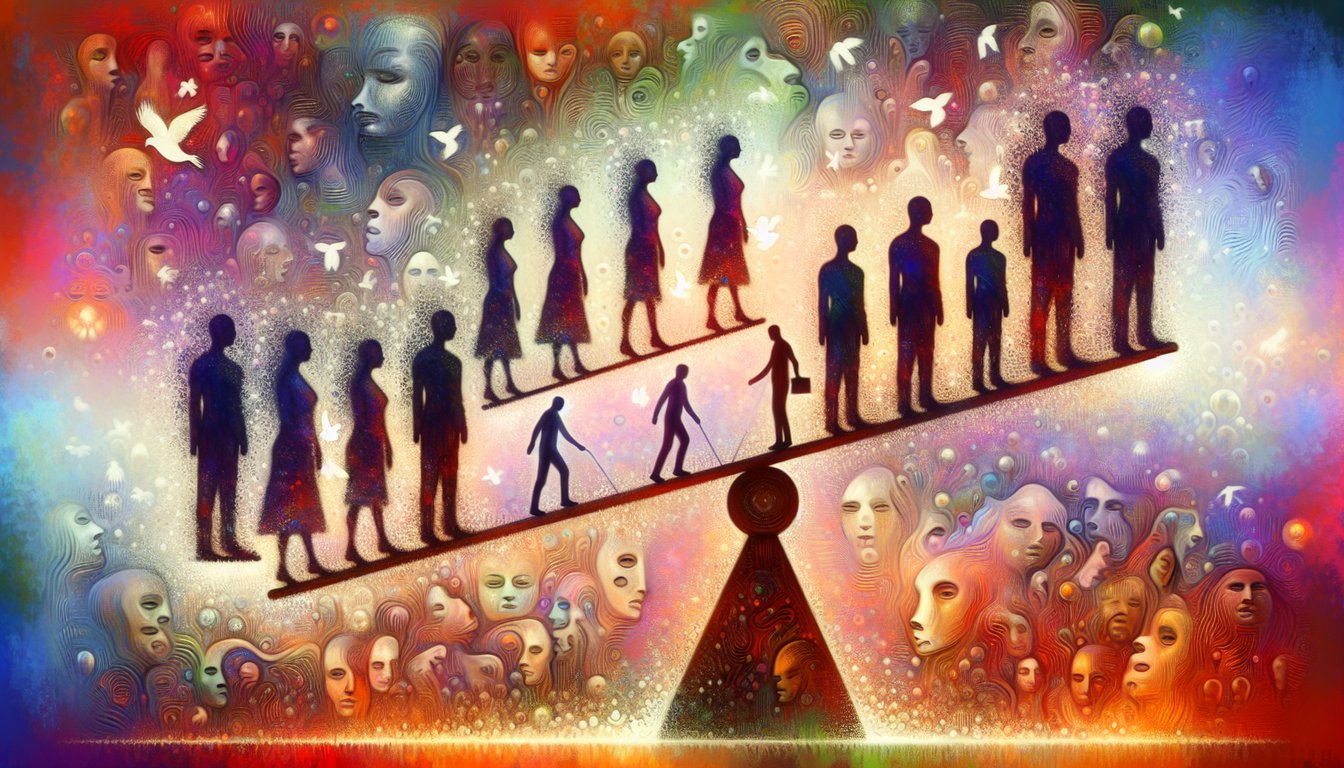 Illustration of evolutionary psychology's take on downward comparison as a survival tactic, showing how ancient instincts persist in modern life.