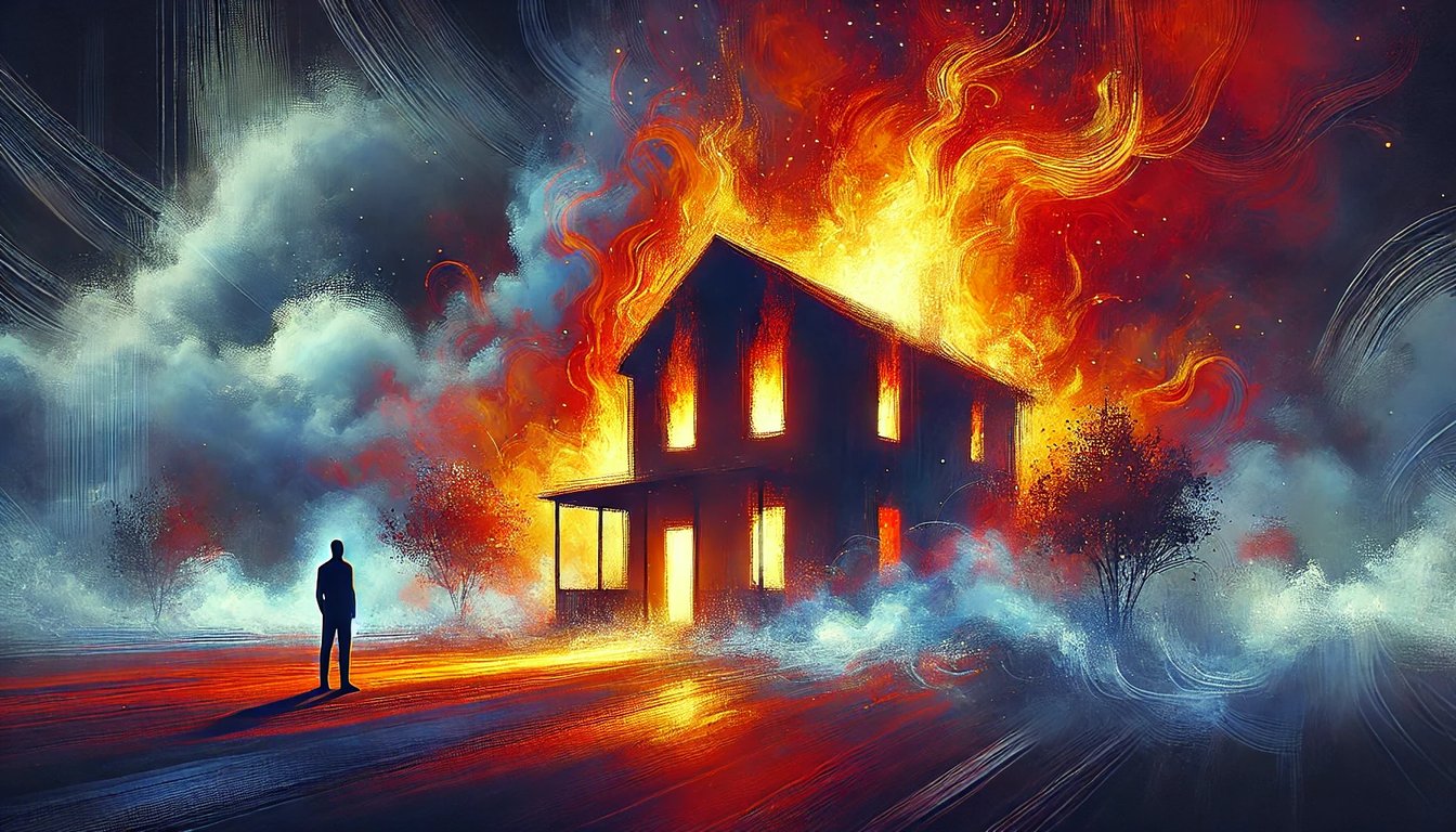 A house engulfed in flames.