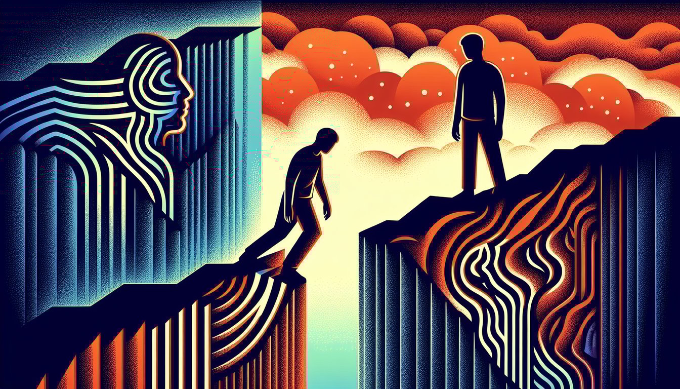 Image exploring the complex relationship between downward comparison and mental health, emphasizing the importance of empathy and balanced perspective-taking.