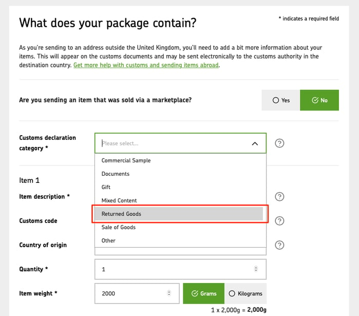 Royal Mail customs declaration