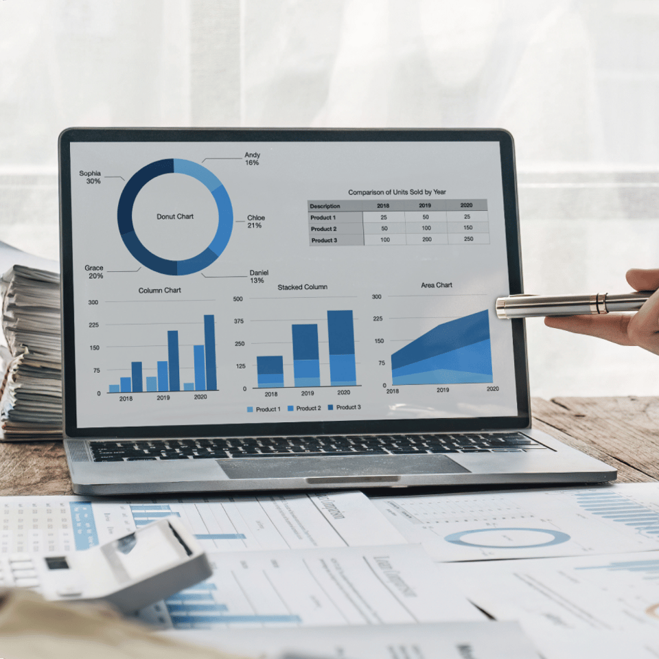 Laptop con gráficos financieros para un análisis de rolling forecast
