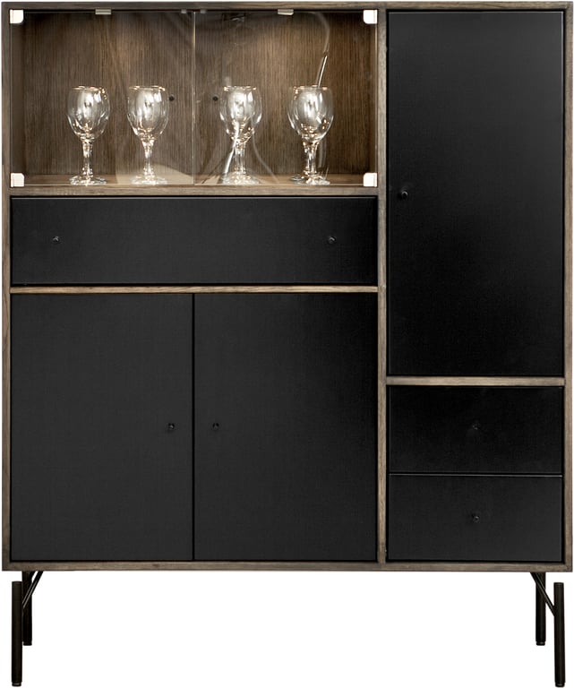 $Bilde av Square høy skjenk (106 x 42, H 127 cm. Modulsystem oppsett 121, high cube i mørk smoked heltre, svarte fronter, svarte metallben og led-lys)