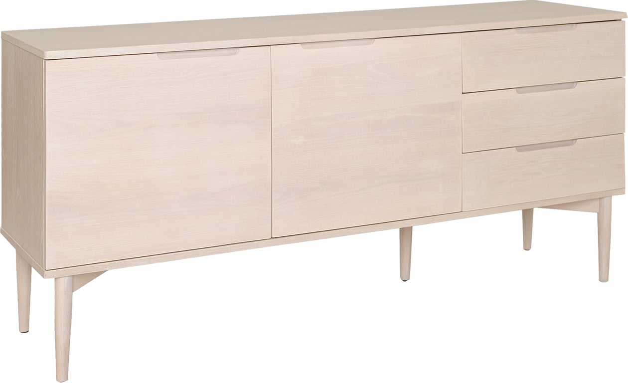 161 x 41 H: 76 cm, hvitpigmentert eikefiner, 2 dører og 3 skuffer