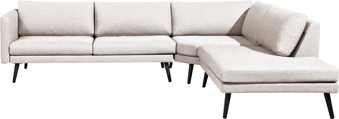 Hjørnesofa m/åpen ende til høyre sett forfra, grå m/svarte ben
