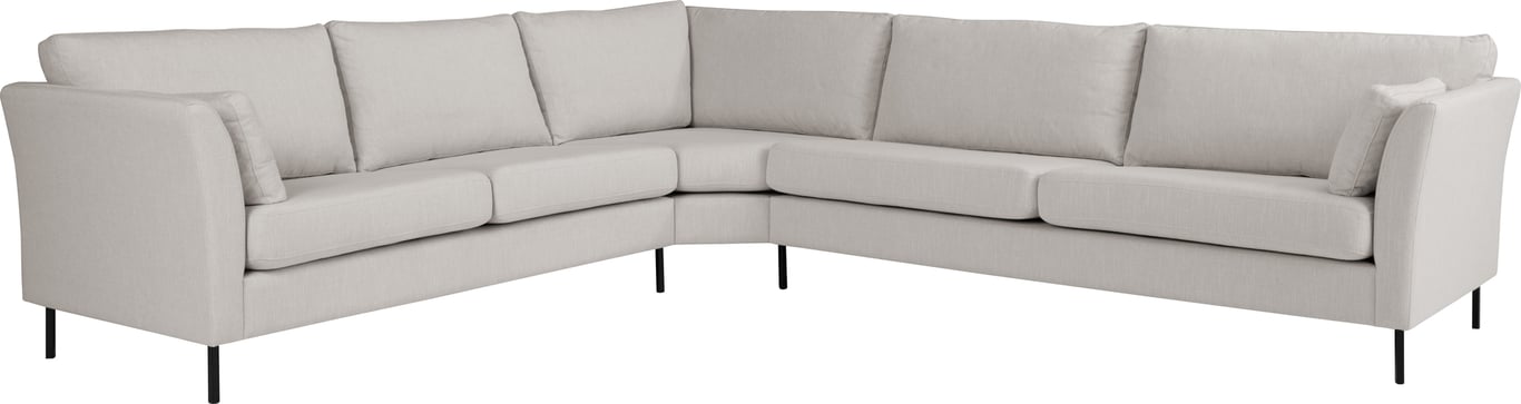 Modulsofa. 2,5 seter + stort hjørne + 3 seter i stoff Lava beige, armlene W5, med dun i ryggputer.