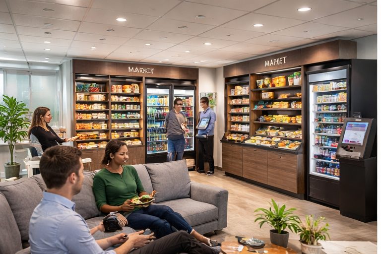 Employees using micro market kiosk