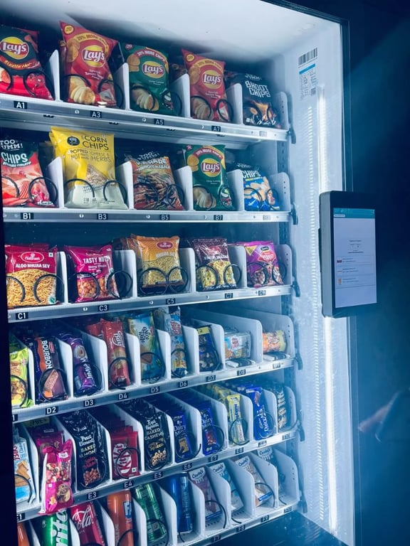 Close-up view of snack items arranged inside a workplace smart cooler