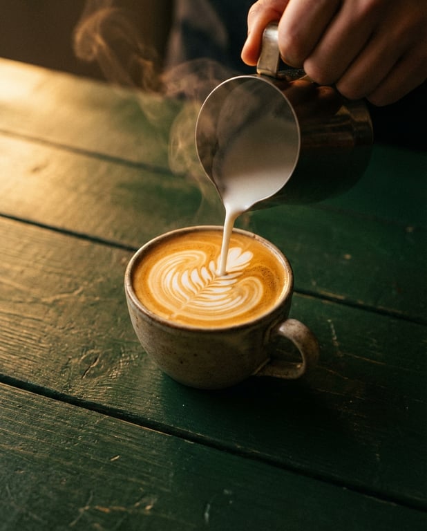 Latte art being poured into ceramic cup on dark green surface