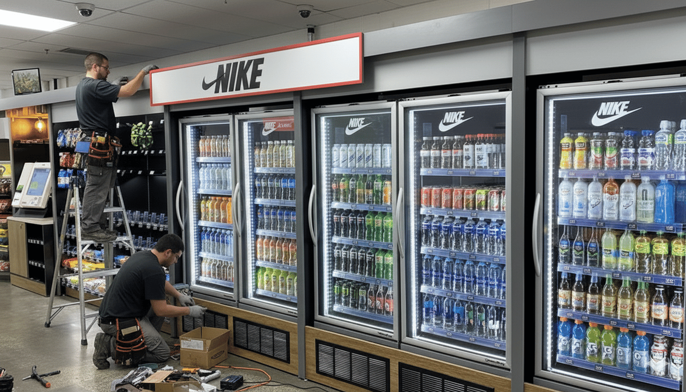 Technician installing equipment for a workplace micro market