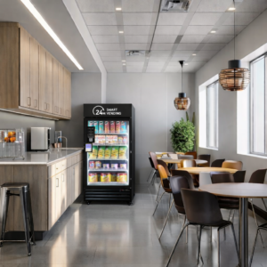 clean cozy breakroom with a HAHA smart cooler
