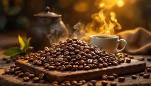 fresh hot coffee and beans