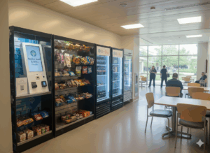 Micro market in a hospital cafeteria providing snacks, drinks, and fresh food options for healthcare staff and visitors in Dallas.