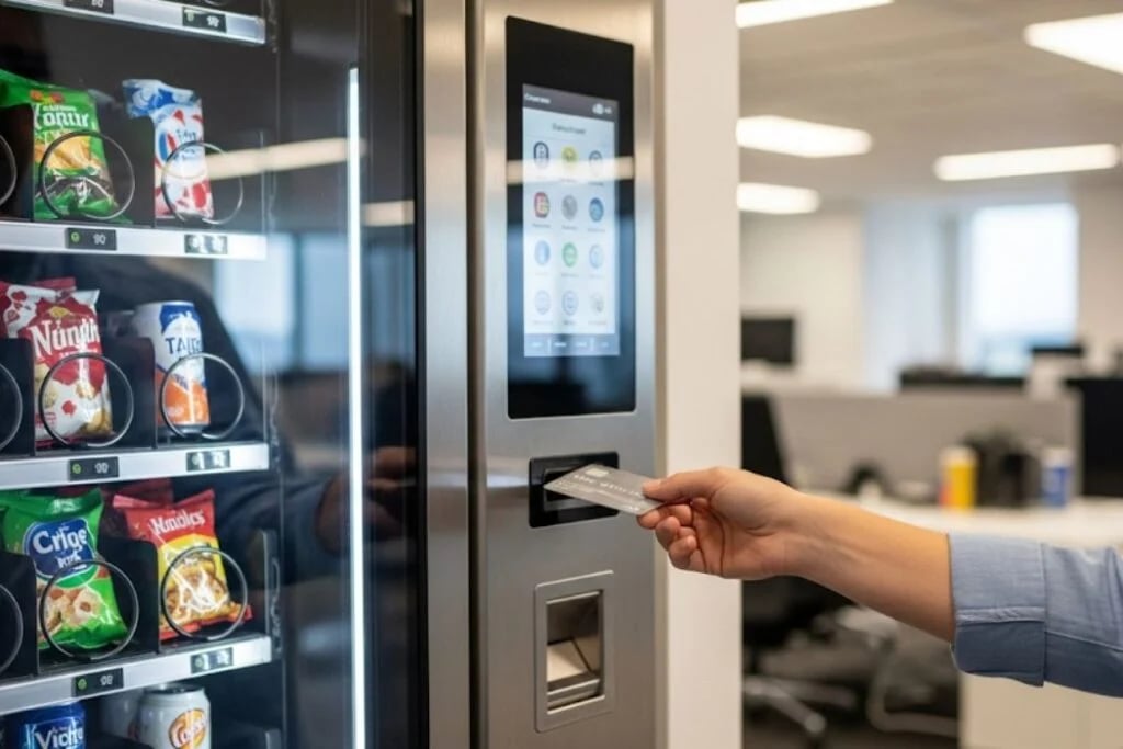 Cashless card reader mounted on a vending machine