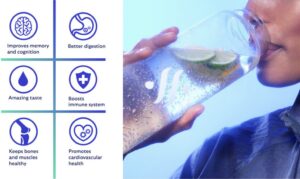 Person drinking alkaline water with lime slices beside icons showing benefits like better digestion, immune support, and improved memory.